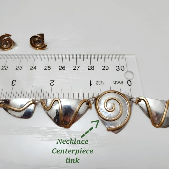 Vintage Sterling Silver Bronze Swirl Hand wrought Modernist Necklace Earring Set - Picture 12 of 15